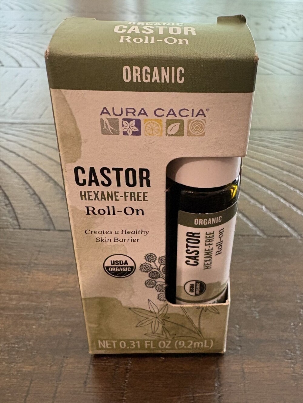 NEW Aura Cacia Organic Castor Roll-On Hexane-Free USDA Organic 0.31 oz